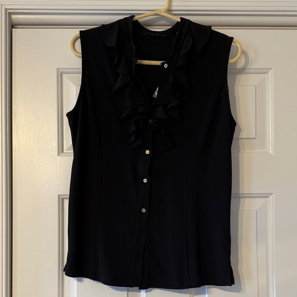 T Tahari Black Ruffle Front Blouse
